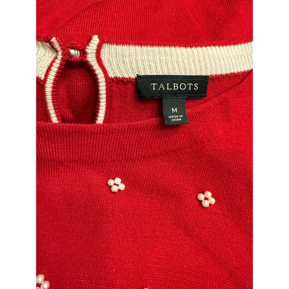 Talbots Pearl Beaded Sweater Red Knit 3/4 Sleeves Medium EUC Feminine Preppy - Picture 5 of 6